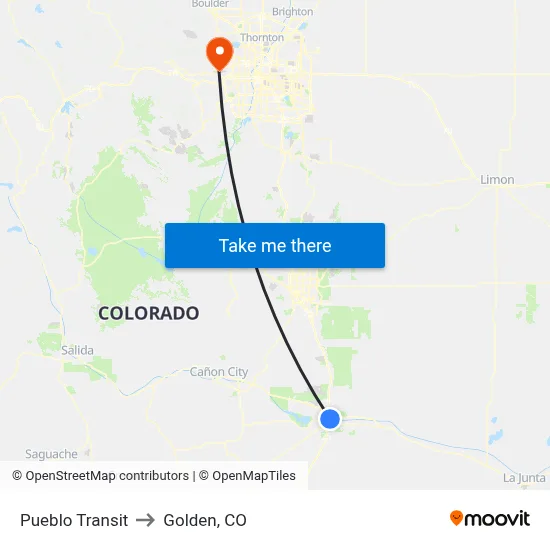 Pueblo Transit to Golden, CO map