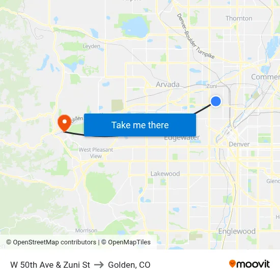 W 50th Ave & Zuni St to Golden, CO map