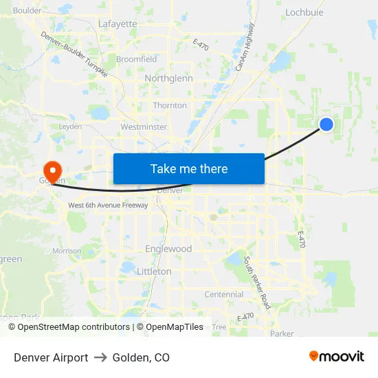 Denver Airport to Golden, CO map