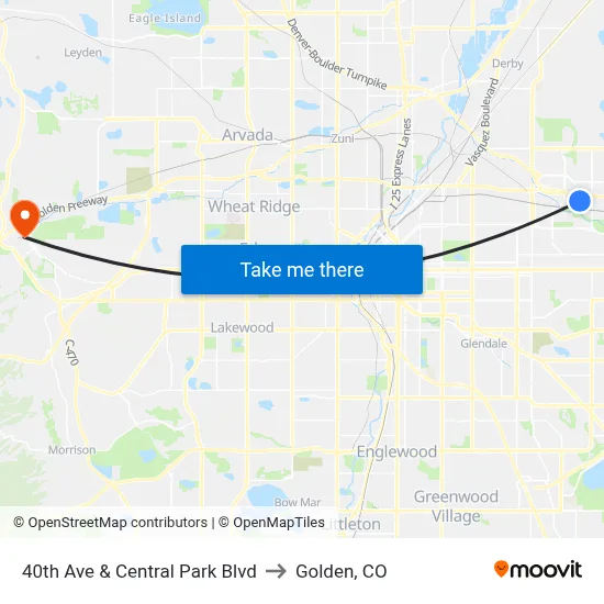 40th Ave & Central Park Blvd to Golden, CO map