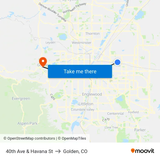 40th Ave & Havana St to Golden, CO map