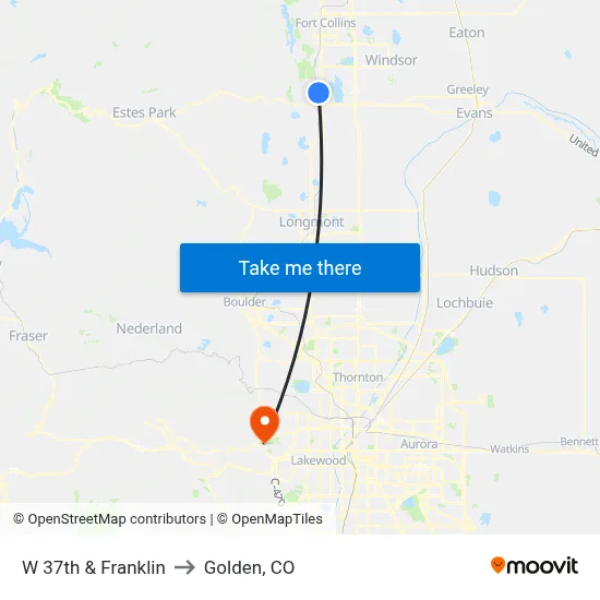 W 37th & Franklin to Golden, CO map