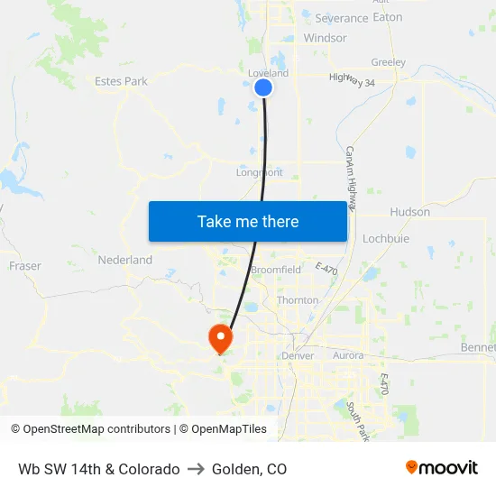 Wb SW 14th & Colorado to Golden, CO map