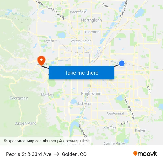 Peoria St & 33rd Ave to Golden, CO map