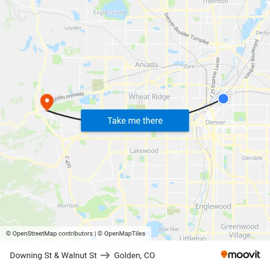Downing St & Walnut St to Golden, CO map