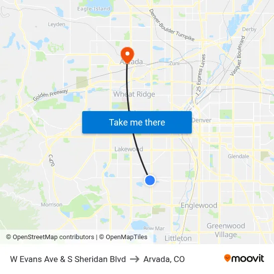 W Evans Ave & S Sheridan Blvd to Arvada, CO map