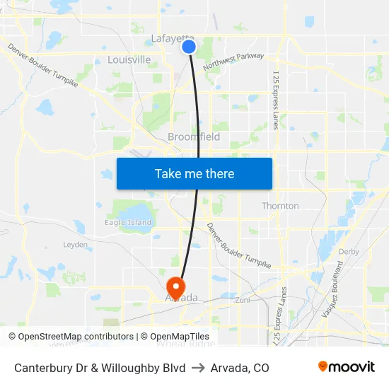 Canterbury Dr & Willoughby Blvd to Arvada, CO map