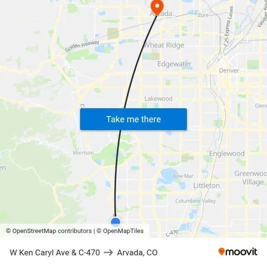 W Ken Caryl Ave & C-470 to Arvada, CO map