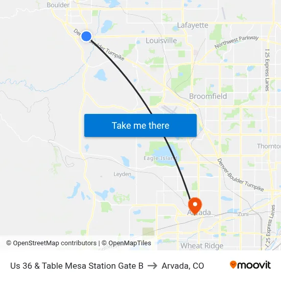 Us 36 & Table Mesa Station Gate B to Arvada, CO map