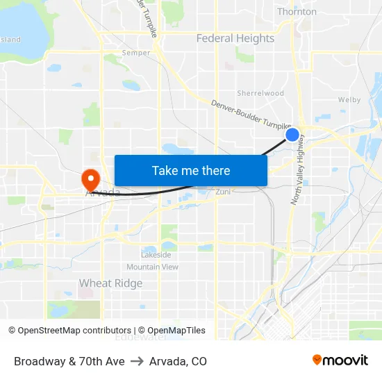 Broadway & 70th Ave to Arvada, CO map