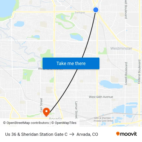 Us 36 & Sheridan Station Gate C to Arvada, CO map