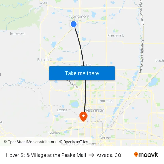 Hover St & Village at the Peaks Mall to Arvada, CO map