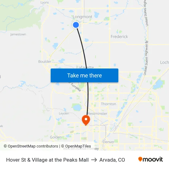 Hover St & Village at the Peaks Mall to Arvada, CO map