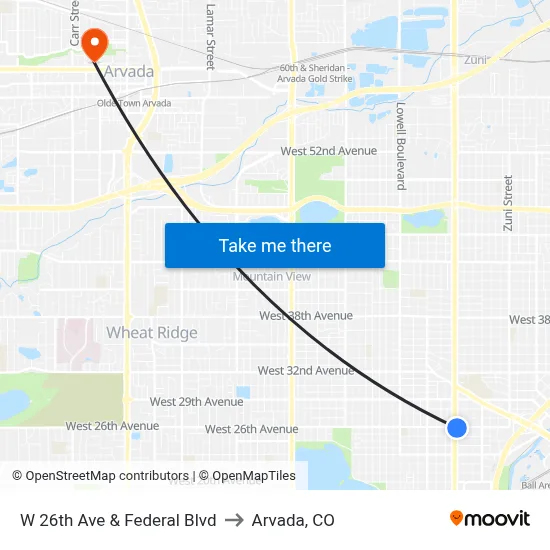 W 26th Ave & Federal Blvd to Arvada, CO map