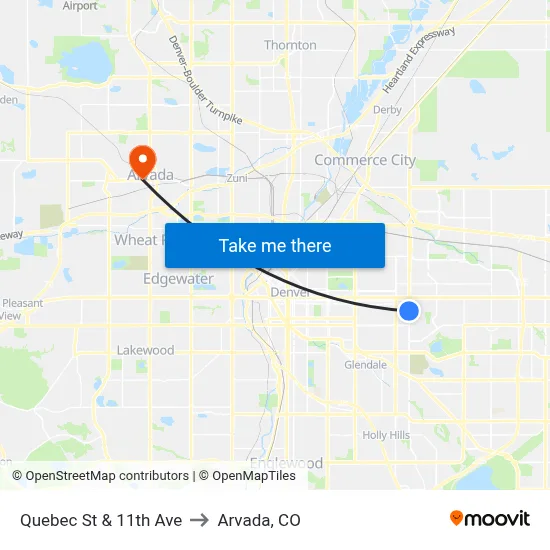 Quebec St & 11th Ave to Arvada, CO map