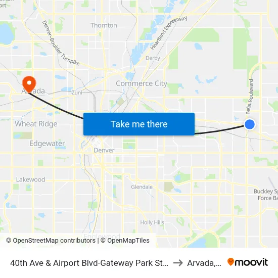 40th Ave & Airport Blvd-Gateway Park Stn Gate D to Arvada, CO map