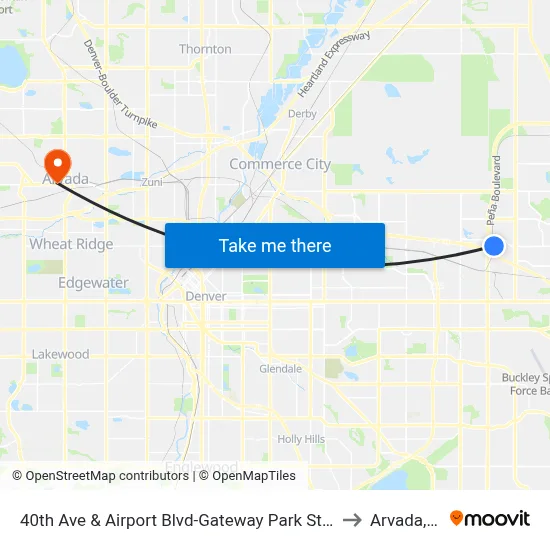 40th Ave & Airport Blvd-Gateway Park Stn Gate E to Arvada, CO map