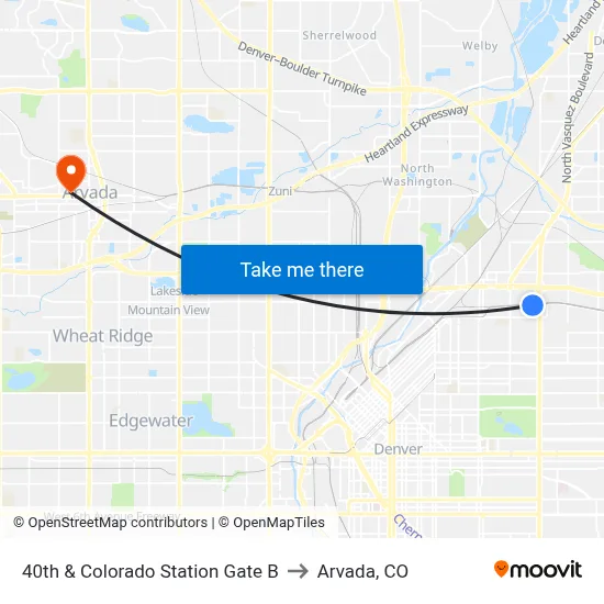 40th & Colorado Station Gate B to Arvada, CO map
