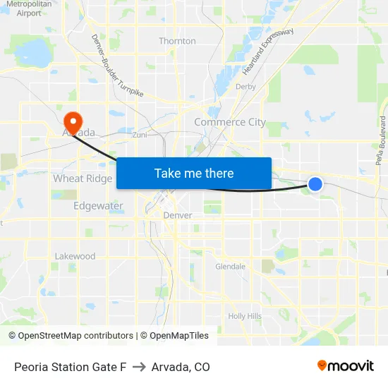 Peoria Station Gate F to Arvada, CO map