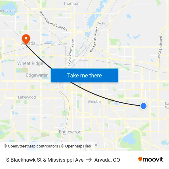 S Blackhawk St & Mississippi Ave to Arvada, CO map