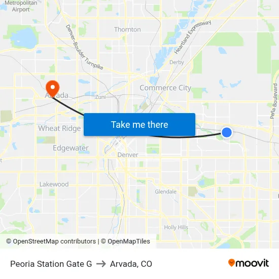Peoria Station Gate G to Arvada, CO map