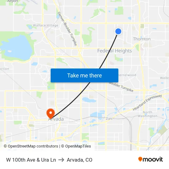W 100th Ave & Ura Ln to Arvada, CO map
