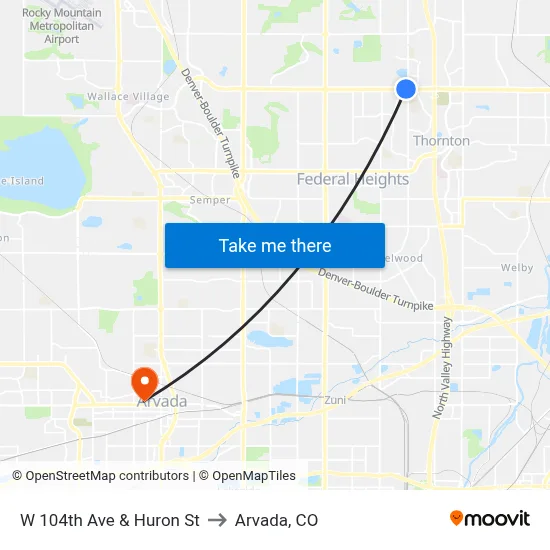 W 104th Ave & Huron St to Arvada, CO map
