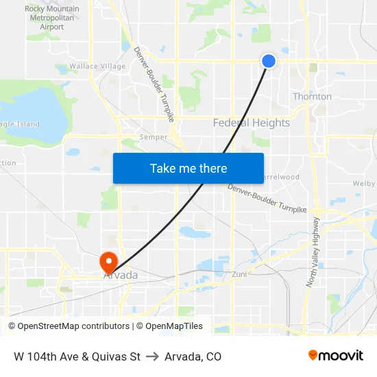 W 104th Ave & Quivas St to Arvada, CO map