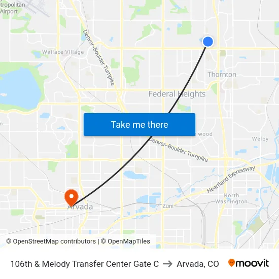 106th & Melody Transfer Center Gate C to Arvada, CO map