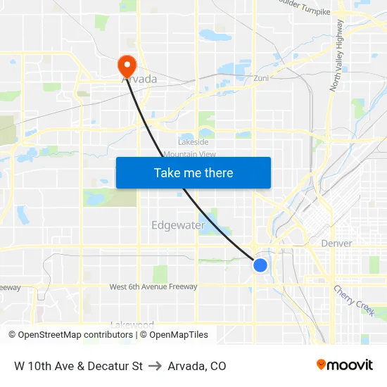 W 10th Ave & Decatur St to Arvada, CO map