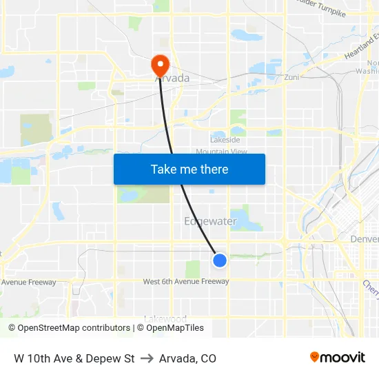 W 10th Ave & Depew St to Arvada, CO map