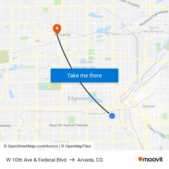 W 10th Ave & Federal Blvd to Arvada, CO map