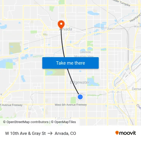 W 10th Ave & Gray St to Arvada, CO map