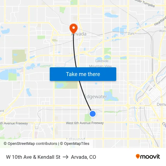 W 10th Ave & Kendall St to Arvada, CO map