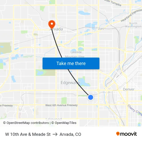 W 10th Ave & Meade St to Arvada, CO map