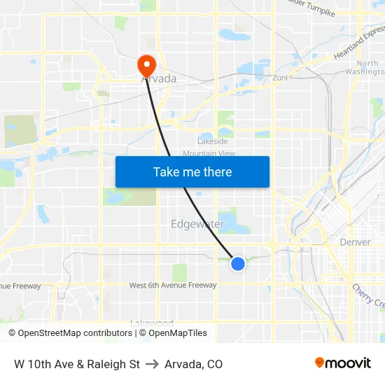 W 10th Ave & Raleigh St to Arvada, CO map