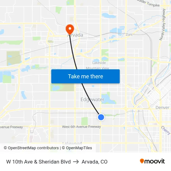 W 10th Ave & Sheridan Blvd to Arvada, CO map