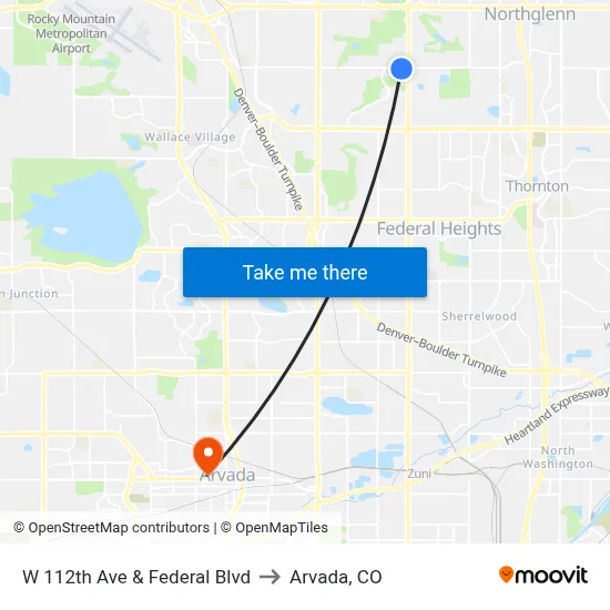 W 112th Ave & Federal Blvd to Arvada, CO map