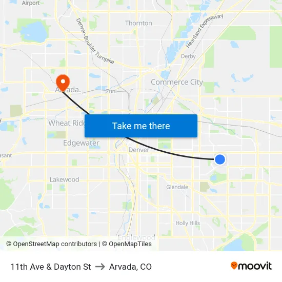 11th Ave & Dayton St to Arvada, CO map