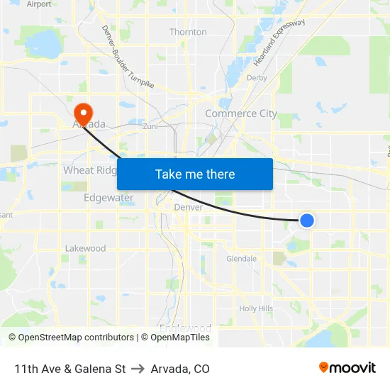11th Ave & Galena St to Arvada, CO map