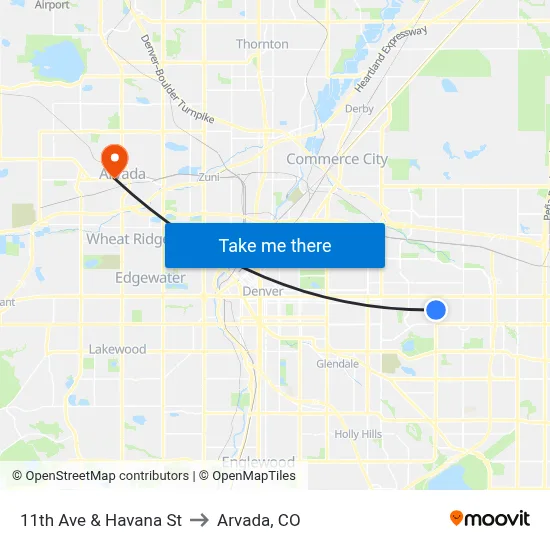 11th Ave & Havana St to Arvada, CO map