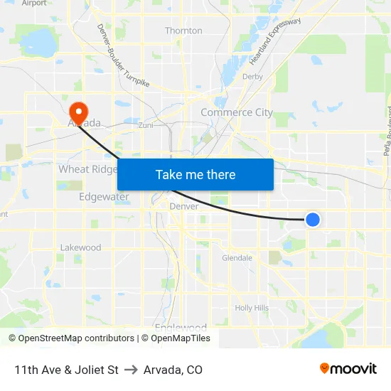 11th Ave & Joliet St to Arvada, CO map