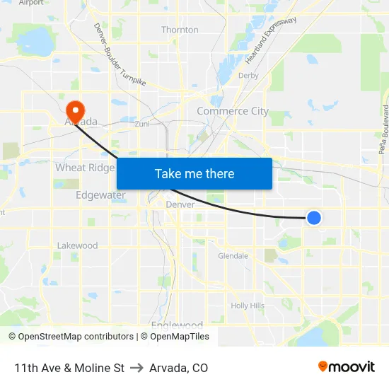 11th Ave & Moline St to Arvada, CO map