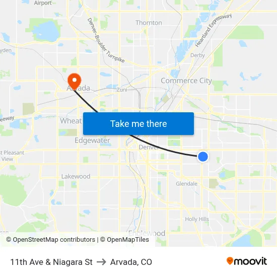 11th Ave & Niagara St to Arvada, CO map