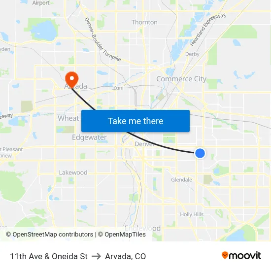 11th Ave & Oneida St to Arvada, CO map