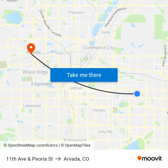 11th Ave & Peoria St to Arvada, CO map