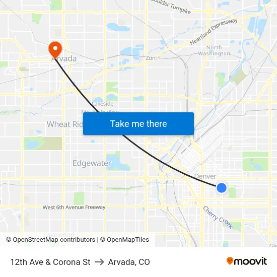 12th Ave & Corona St to Arvada, CO map