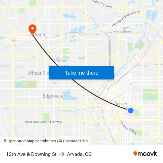 12th Ave & Downing St to Arvada, CO map