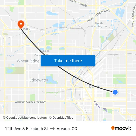 12th Ave & Elizabeth St to Arvada, CO map