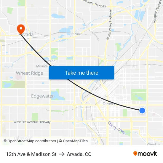 12th Ave & Madison St to Arvada, CO map